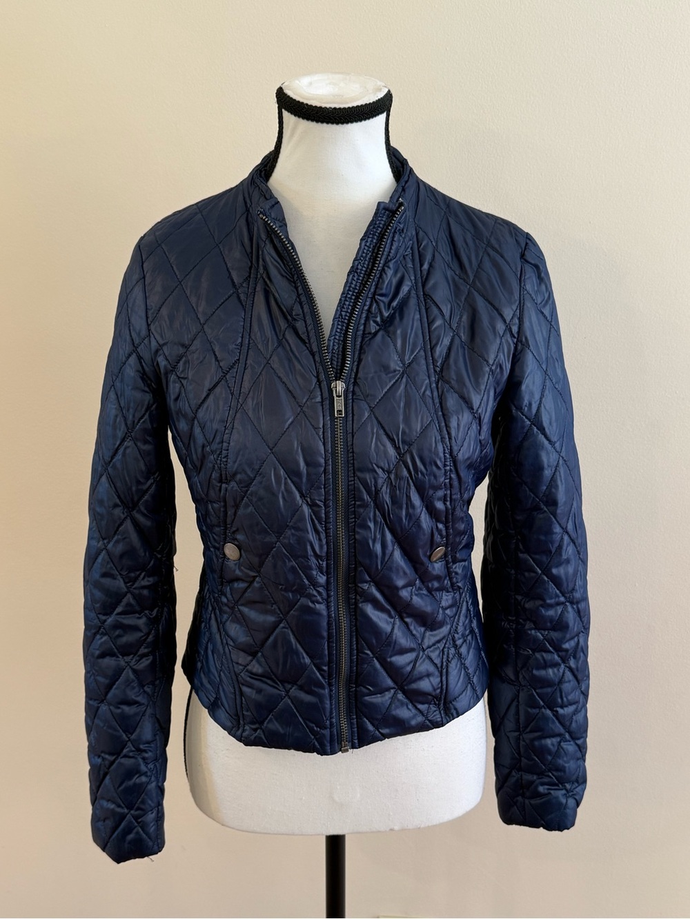 H&M Quilted Navy Puffer Jacket - Zip Front size 6